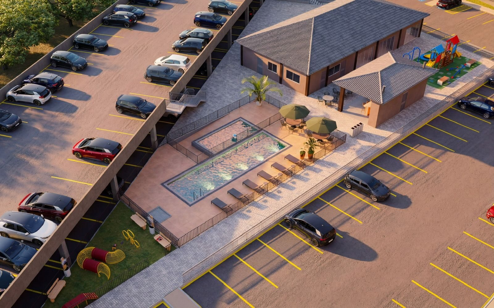 Área de lazer do Residencial Varandas Reserva com piscina e quiosques